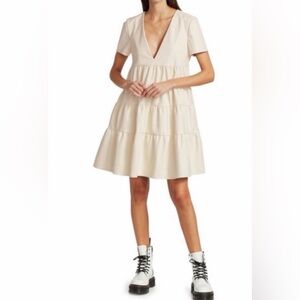 STAUD Cream V-Neck Mini Dress
